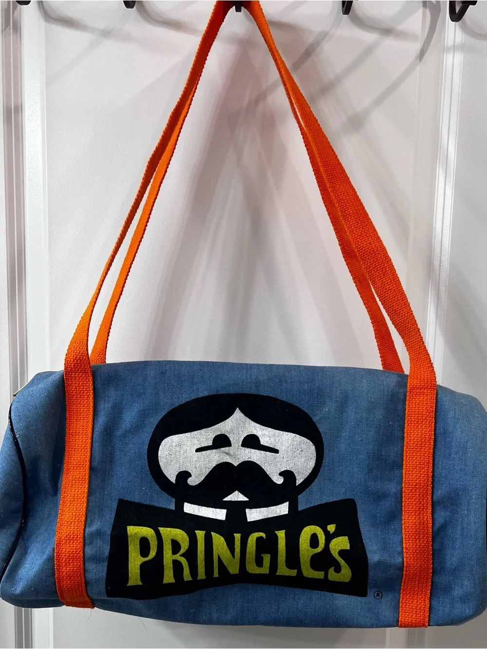 EUC Vintage Pringles Denim Duffel Bag, Blue/Orange
